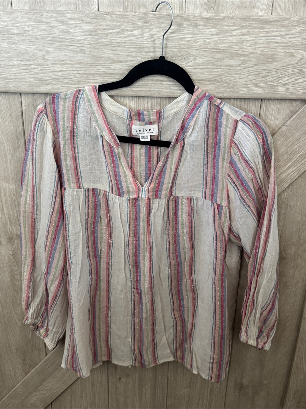 Velvet by Graham & Spencer Cream Multi-Stripe V-Neck Tunic Top